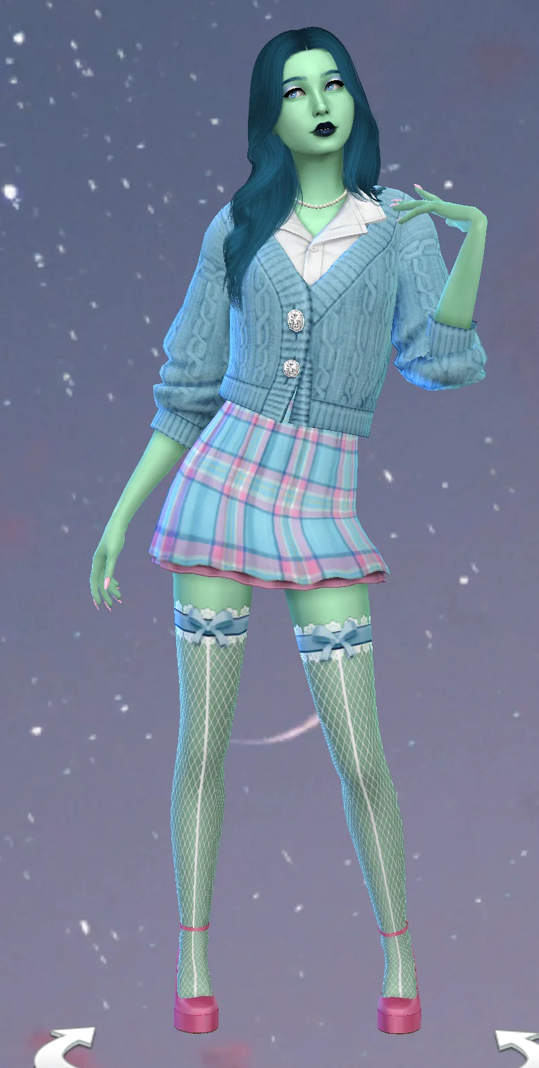 Sim with blue skin and hair, wearing a sweater and skirt